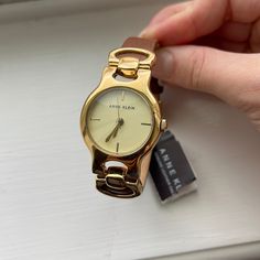 Brand New With Tag Brown Leather Band With Adjustable Buckle Gold Face Watch *Needs A Battery* Leather Watches For Everyday Use, Trendy Gold Leather Watch, Ladies Bracelet Watch, Anne Klein Watch, Silver Watches Women, Rhinestone Watches, Bracelet Watches Women, Gold Face, Leather Watch Bands