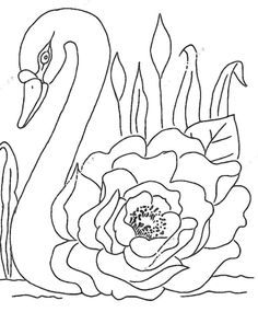 a black and white drawing of a swan with flowers