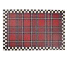 a red and black checkered rug on a white background with an image of the plaid pattern