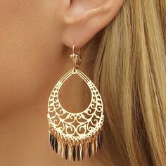 Filigree Cut-Out Chandelier Earrings Gold Plated Fringe Earring Filigree Hanging Dazzling Style Earrings 18k Gold Plated Elegant Yellow Gold Hoop Earrings With Dangling Charms, Elegant Hoop Earrings With Dangling Charms, Elegant Metal Earrings With Dangling Charms, Elegant Gold Chandelier Earrings With Dangling Charms, Rose Gold Dangle Chandelier Earrings For Pierced Ears, Rose Gold Dangle Chandelier Earrings, Chandelier Earrings Gold, Fringe Earring, Gold Chandelier Earrings