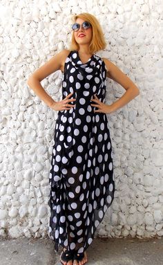 Maxi Black Polka Dot Dress / Plus Size Maxi Dress / by Teyxo Chic Flowy Polka Dot Dress, Sleeveless Polka Dot Maxi Dress For Party, Polka Dot Maxi Dress For Summer Party, Polka Dot Chiffon Dress For Summer, Polka Dot Sleeveless Maxi Dress For Party, Chic Polka Dot Maxi Dress For Party, Summer Polka Dot Chiffon Dress, Summer Party Polka Dot Maxi Dress, Sleeveless Polka Dot Chic Maxi Dress