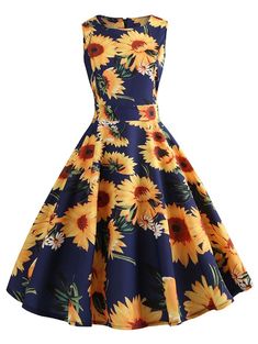 Vintage Sunflower Print Belted Pin Up Dress - Midnight Blue - 3O94616014 - Original Design-Women's Clothing  #OriginalDesignWomensClothing #Original #DesignWomen's #Clothing Sunflower Clothes, Tea Evening, Retro Summer Dress, Party Short Dress, Flower Print Dress Summer, Retro Sunflower, Rockabilly Party, Vintage Tea Dress, Dresses 1950s