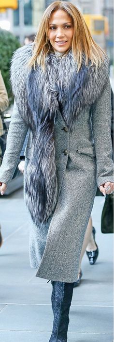 Jennifer Lopez: Coat – Robeto Cavalli  Shoes – Giuseppe Zanotti Stylish Winter Coats, Jennifer Lee, Gray Coat, Winter Fashion Coats, Grey Coat, Coat Design, Mariah Carey, Winter Coats Women, Hollywood Stars