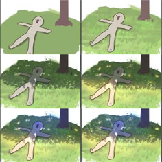 four different pictures of a cartoon character in the grass