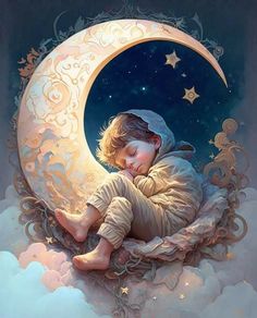 a painting of a child sleeping on top of a moon with stars in the sky