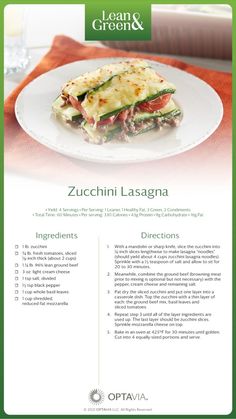 the menu for zucchini lasagna is shown in green and white colors