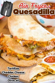 an advertisement for mexican quesadilla with tortillas and sauce on the side