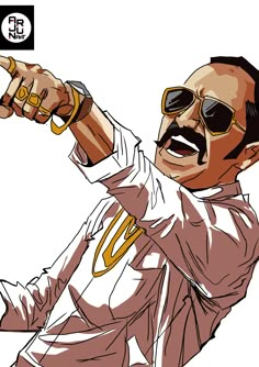 a drawing of a man in sunglasses pointing to something