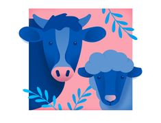 two blue cows standing next to each other in front of a pink background with leaves