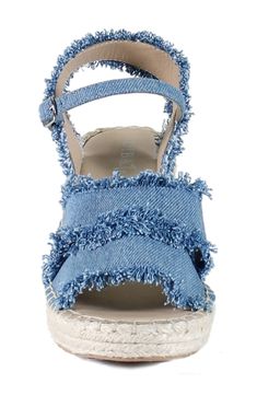 Vintage-chic casual style is the name of the game with this espadrille-inspired wedge sandal topped with artfully frayed denim straps. 3" heel; 1" platform Adjustable strap with buckle closure Cushioned footbed Textile upper/leather lining/rubber sole Imported Frayed Denim, Blue Sandals, Vintage Chic, Wedge Sandals, Casual Style, Womens Sandals, Espadrilles, Wedges, Nordstrom