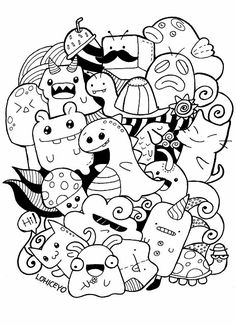 a black and white drawing of many different cartoon characters in the shape of a bouquet