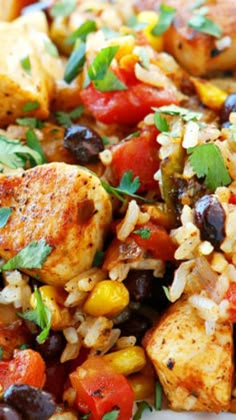 a white plate topped with rice, chicken and veggies next to tortilla chips