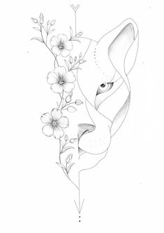 a black and white drawing of a fox with flowers