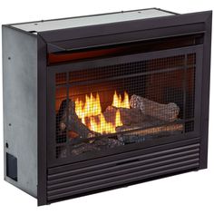 an electric fireplace with logs burning inside