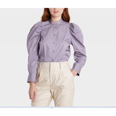 Prologue Women's Puff Long Sleeve Button-Down Blouse - Purple- Size Xs Oo404afa Fall Button-up Puff Sleeve Top, Fall Puff Sleeve Button-up Top, Fall Button-up Puff Sleeve Top With Button Closure, Fall Long Sleeve Puff Sleeve Top With Buttons, Fall Puff Sleeve Tops With Buttons, Puff Sleeve Long Sleeve Top For Work, Puff Sleeve Shirt With Button Closure For Work, Chic Puff Sleeve Button-up Top For Work, Long Sleeve Puff Top With Button Closure For Work