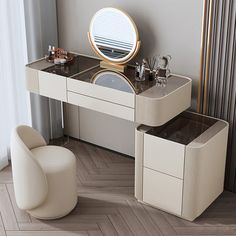 a dressing table with mirror and stool in a room