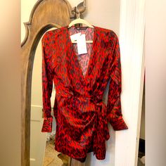 Never Worn. Silk Wrap Dress. Chic Long Sleeve Red Dress, Zara Long Sleeve Red Mini Dress, Chic Red Mini Dress For Brunch, Red Mini Dress For Brunch, Red Mini Dresses For Fall, Chic Red Holiday Dress, Red Midi Dress For Date Night In Fall, Red Midi Dress For Fall Date Night, Red Long Sleeve Mini Dress For Cocktail