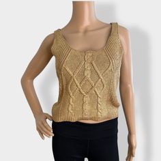 New With Tags Kika Vargas X Target Gold Metallic Cable Knit Sweater Tank Size Medium Cotton Acrylic Length (Shoulder To Bottom Hem): 18 In. Chest (Flat Across Under Arm): 14.5 In. Approximate Measurements Taken Laid Flat Size: Womens M Condition: New Trendy Sleeveless Cable Knit Tops, Trendy Stretch Chunky Knit Top, Trendy Cable Knit Cotton Tops, Trendy Cotton Cable Knit Tops, Chunky Knit Tops, Trendy Stretch Cable Knit Tops, Chunky Knit Fitted Top, Fitted Chunky Knit Top, Beige Knit Crop Top