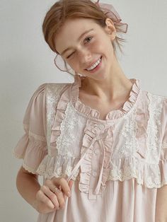 Calf-length dress in soft cotton fabric. Frill-trimmed round neck, lace details at chest, short sleeves with ruffle-trimmed cuffs with narrow elastic, and a ruffled hem. Unlined.- A-line- Midi- Short sleeve- Round neck Cottagecore Ruffled Nightgown For Daywear, White Short Sleeve Sleepwear With Ruffles, Summer Nightgown With Lace Patchwork, Short Sleeve Lace Trim Sleepwear For Home, Feminine White Nightgown With Short Sleeves, Cotton Ruffled Nightgown For Home, Feminine Ruffled Short Sleeve Sleepwear, Spring Feminine Lace Patchwork Nightgown, Cotton Nightgown With Ruffles For Home