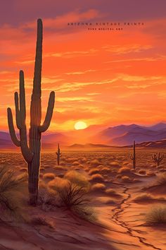 a painting of a sunset in the desert with a saguado and cactus trees