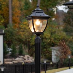 a lamp post with two lights on it in the middle of a sidewalk next to trees