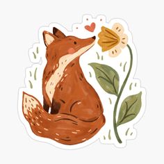 a sticker with an image of a fox and flowers