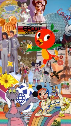 collage of disney characters and their famous names in various pictures, including the eiffel tower