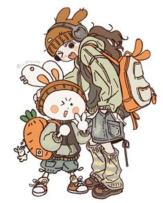 two children with backpacks and one is holding an animal's head while the other holds