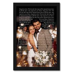 a wedding photo with the words on it and lights in the background, as well as an image of a bride and groom