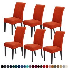 six orange dining chairs with black legs and color swatches on each chair, all in different colors