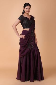 Purple pre-draped saree with tonal floral embroidery using sequins, cutdana and pipe work. Paired with a blouse with back cut-out and all over cutdana, sequin embroidery. - Aza Fashions Draped Saree, Drape Saree, Embroidered Saree, Sequin Embroidery, Embroidery Floral, Blouse For Women, Sequins Embroidery, Silk Embroidery, Saree With Blouse