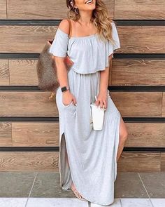 fluidas ocasional del hombro vacaciones de verano maxi vestidos p94416, gris-US6 Off Shoulder Dress Casual, Elegant Boho Dress, Holiday Maxi Dress, Butterfly Print Dress, Women's A Line Dresses, Summer Hot, Strapless Maxi Dress, Hottest Fashion Trends, Women Maxi