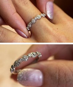 two pictures of a woman's wedding ring with diamonds on the side and in the middle