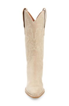 Ornate stitching furthers the rugged Western style of this iconic boot balanced by a slender toe and stacked block heel. 2 1/2" heel (size 8.5) 12 1/2" shaft; 14 1/2" calf circumference Pull-on style Leather upper and lining/synthetic sole Imported Western Wide Calf Knee-high Boots With Stacked Heel, Western Mid-calf Boots With Stacked Block Heel, Western Mid-calf Boots With Wide Calf And Block Heel, Western Style Wide Calf Mid-calf Boots With Block Heel, Western Boots With Block Heel, Western Style Boots With Block Heel, Knee-high Boots With Stacked Heel And Snip Toe, Fitted Western Boots With Block Heel, Western Style Mid-calf Boots With Block Heel