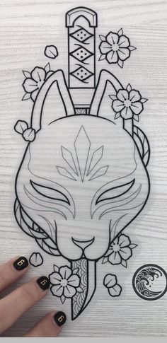 a drawing of a fox with flowers on it's head, and the outline is drawn