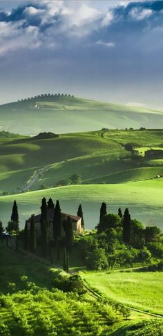 the rolling hills are covered in green grass and trees, as well as some houses