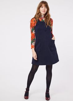 Pennie Jersey Pinafore Dress - Navy Pinafore Dress Outfit Winter, Navy Blue Dress Outfit, Pinafore Dress Outfit, Blue Dress Outfits, Farm Fashion, Modcloth Style Gallery, Denim Pinafore Dress, Denim Pinafore, Oxblood Leather