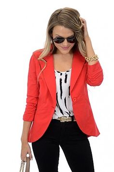 Nine to Five Blazer, Red :: NEW ARRIVALS :: The Blue Door Boutique Coral Blazer Outfit Work, Chic Stretch Blazer For Party, Chic Stretch Blazer For Formal Occasions, Spring Fitted Versatile Blazer, Spring Versatile Fitted Blazer, Versatile Fitted Spring Blazer, Chic Stretch Winter Blazer, Chic Stretch Blazer For Fall, Chic Stretch Blazer For Workwear