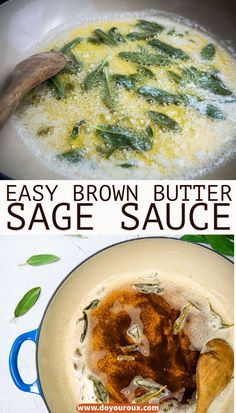 an easy brown butter sage sauce recipe in a skillet with the words, easy brown butter sage sauce