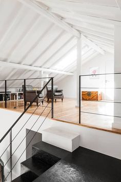 an empty loft with white walls and wooden floors