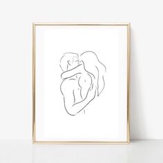 a black and white line drawing of two people kissing in front of a white wall