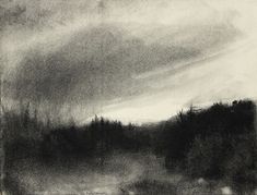 a black and white drawing of trees in the distance, with dark clouds above it