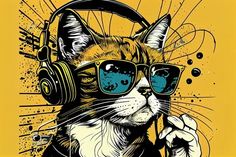 a cat wearing headphones and glasses with the words music on it's face