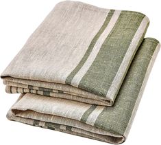 two blankets folded on top of each other with green and white striped fabric covering them