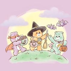 three teddy bears dressed up as witches and one is holding a broom while the other holds a pumpkin