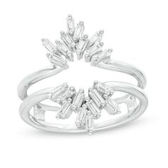 Give her ring an instant lift with this stunning diamond enhancer. Crafted in 14K white gold, this double-sided design surrounds her solitaire in a crown-like frame of baguette-cut and round diamonds. Additional round diamonds line the bands for a dazzling look. Captivating with 1/2 ct. t.w. of diamonds and a bright polished shine, this enhancer is certain to turn heads. Insert Ring, Solitaire Enhancer, Diamond Enhancer, High Jewelry Ring, Ring Enhancer, Ring Spacer, White Gold Solitaire, Baguette Cut, Baguette Diamond