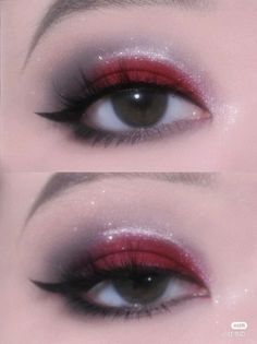 Red Eye Makeup Douyin, Simple Red And Black Makeup, Cool Lip Makeup, Alt Makeup For Hooded Eyes, Red Eye Makeup Simple, Cute Makeup Styles, Red Eye Shadow Makeup, Down Turned Eye Makeup, Dark Red Makeup