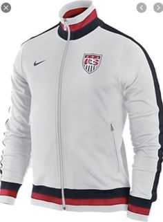 Classic white Nike US Soccer track jacket in red white and blue Sports Track Jacket With Side Stripes, Team Spirit Track Jacket For Sports Events, Sports Outerwear With Side Stripes, Sporty Long Sleeve Outerwear With Side Stripes, Nike Sporty Track Jacket With Ribbed Cuffs, Sportswear Track Jacket With Side Stripes For Sports, Varsity Track Jacket For Sports Events, Varsity Style Track Jacket For Sports Events, Nike Sporty Long Sleeve Track Jacket