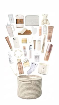 a white basket filled with lots of different items