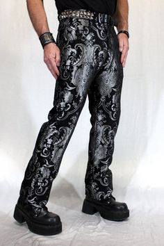 "Awesome bohemian rocker pants with a classic straight leg cut for special occasions or every day. Made in rich black and silver tapestry fabric with a medium rise waist and wide belt loops. Two front pockets and two back pockets with a zip fly. Black satin pocket lining inside. These run long.. the inseam measures 35\". Have them hemmed by your local tailor if necessary. Comes in sizes 30, 32, 34, 36, 38, 40. Sweeeet! Actual measurements: Size 30 = Waist 31.5\" Inseam Length 34.5\" Size 32 = Wa Fitted Straight Leg Pants With Belt Loops, Fitted Black Leather Pants, Black Straight Fit Bottoms For Fall, Fitted Black Work Pants, Black Straight Fit Pants For Fall, Black Fitted Straight Leg Bottoms, Black Fitted Straight Pants, Black Slim Fit Wide Leg Bottoms, Fitted Straight Work Pants With Belt Loops